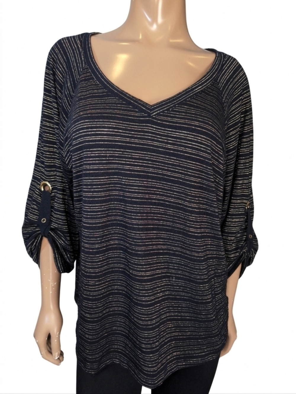 Ellen Tracy Gold Metallic Striped Roll-Tab Blouse Long Sleeve Black Top Size XL